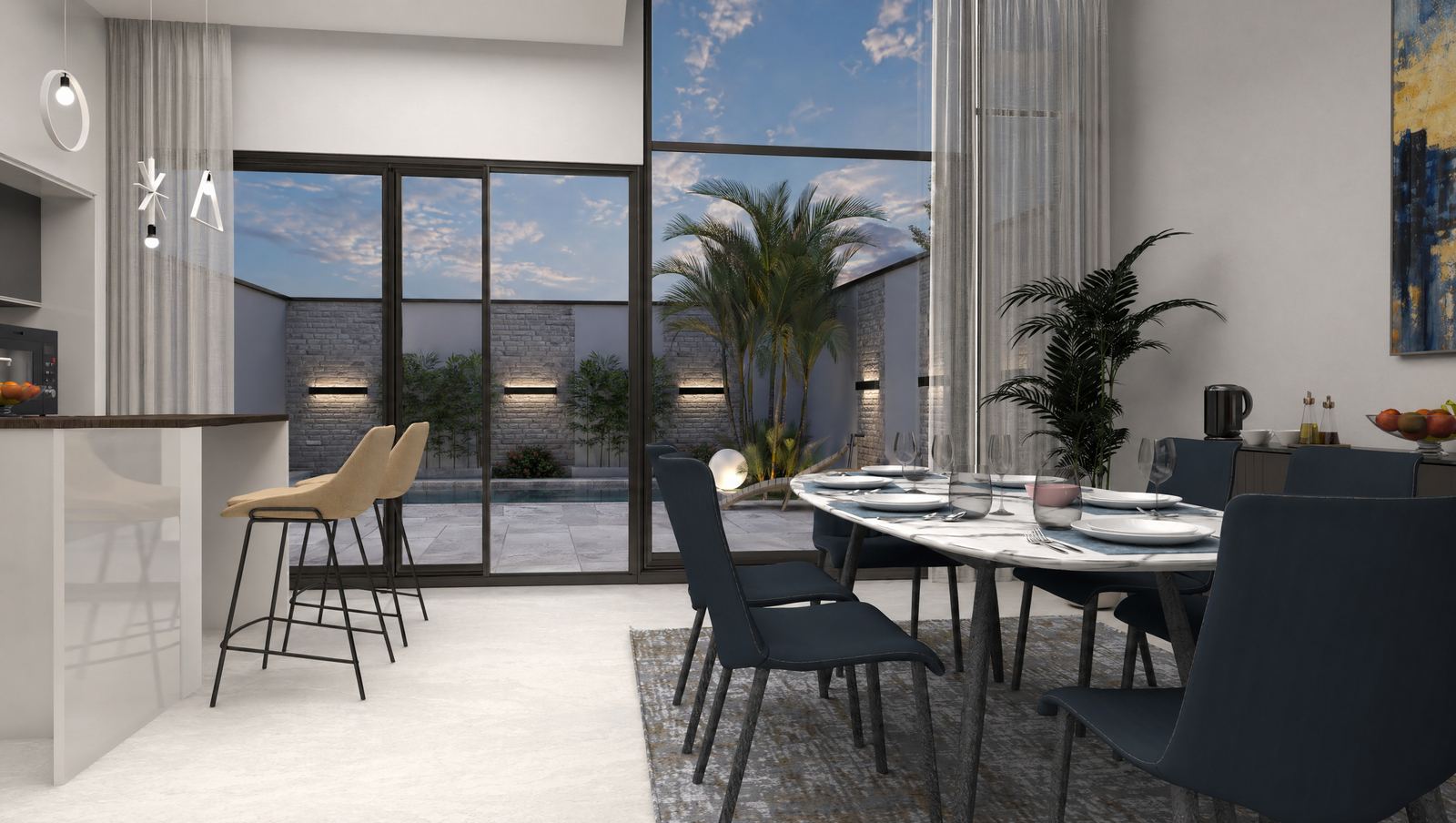 Salle &agrave; manger vue piscine